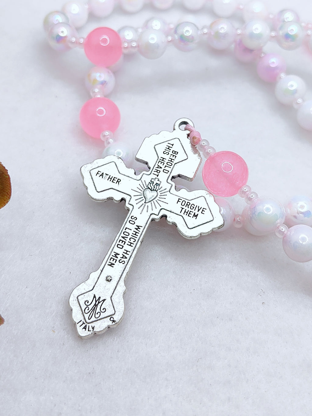 Miraculous Medal Blush Pink Glass Rosary