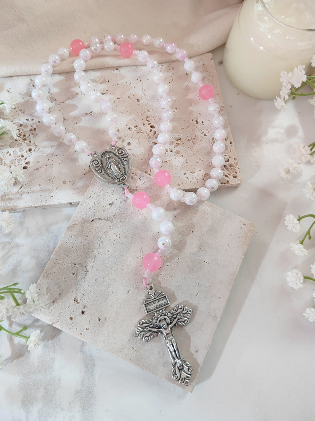 Miraculous Medal Blush Pink Glass Rosary