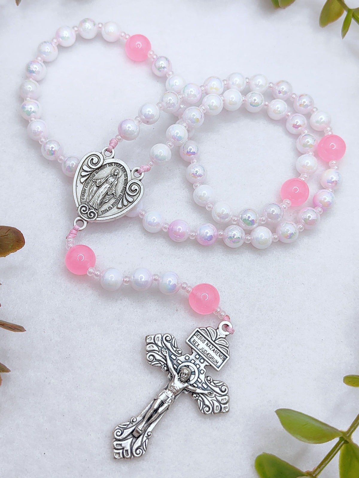Miraculous Medal Blush Pink Glass Rosary