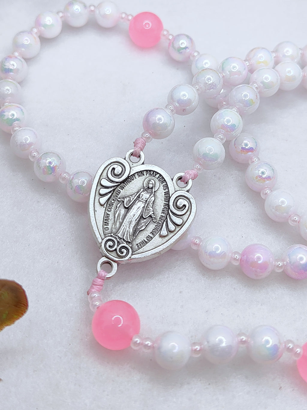 Miraculous Medal Blush Pink Glass Rosary