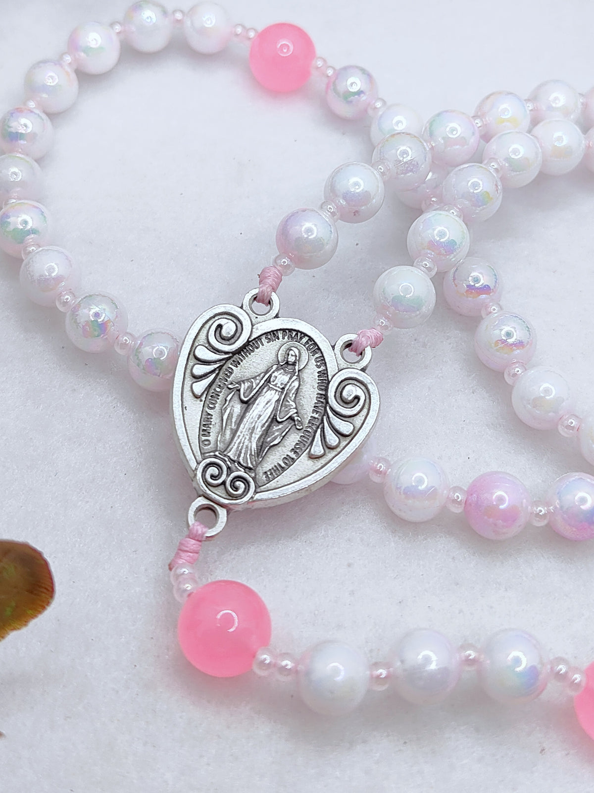 Miraculous Medal Blush Pink Glass Rosary