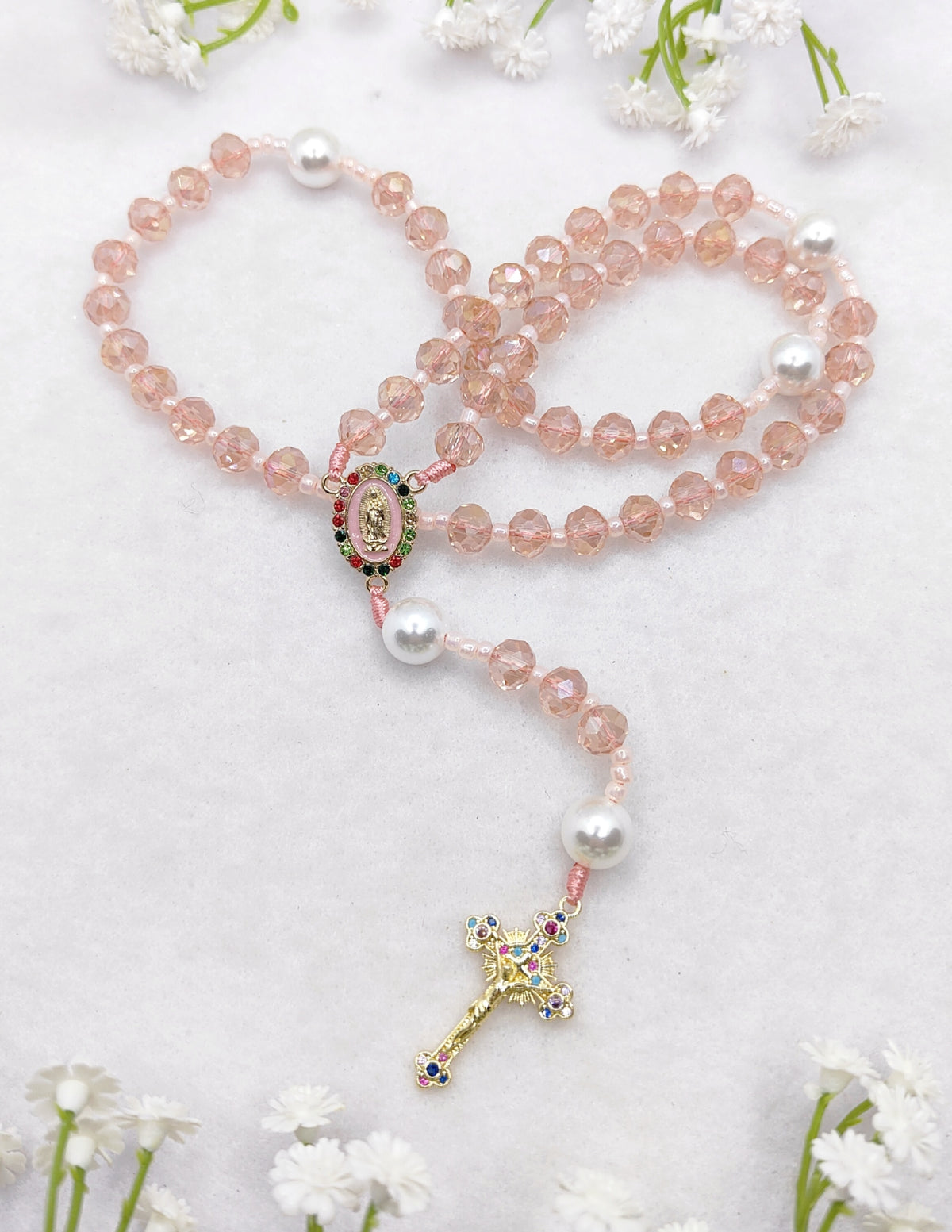 Our Lady of Guadalupe Pink Crystal with White Pearl Rosary