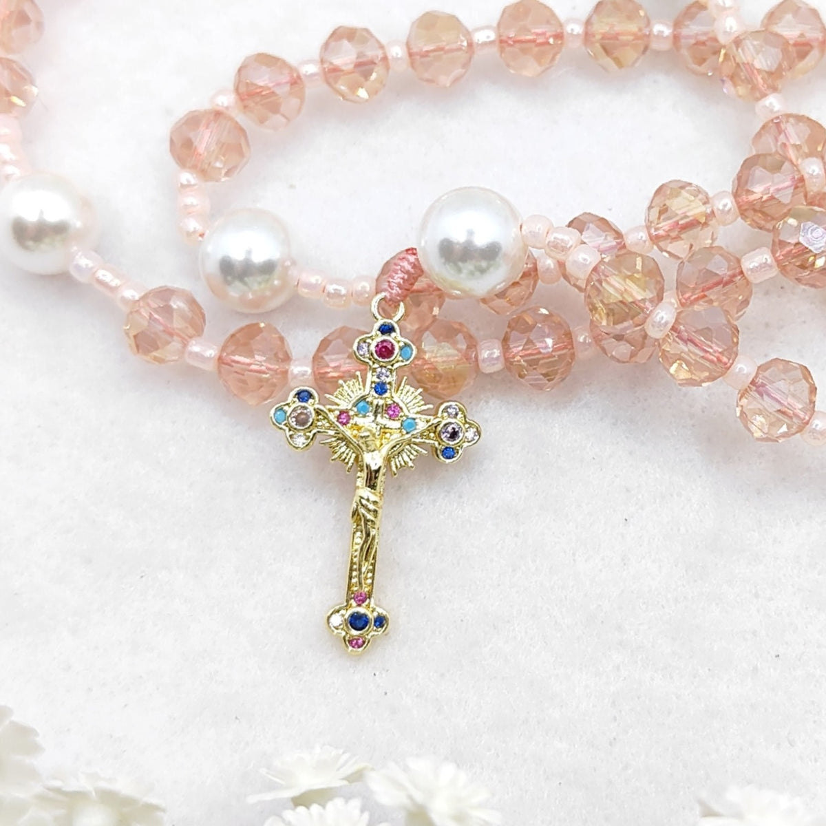 Our Lady of Guadalupe Pink Crystal with White Pearl Rosary