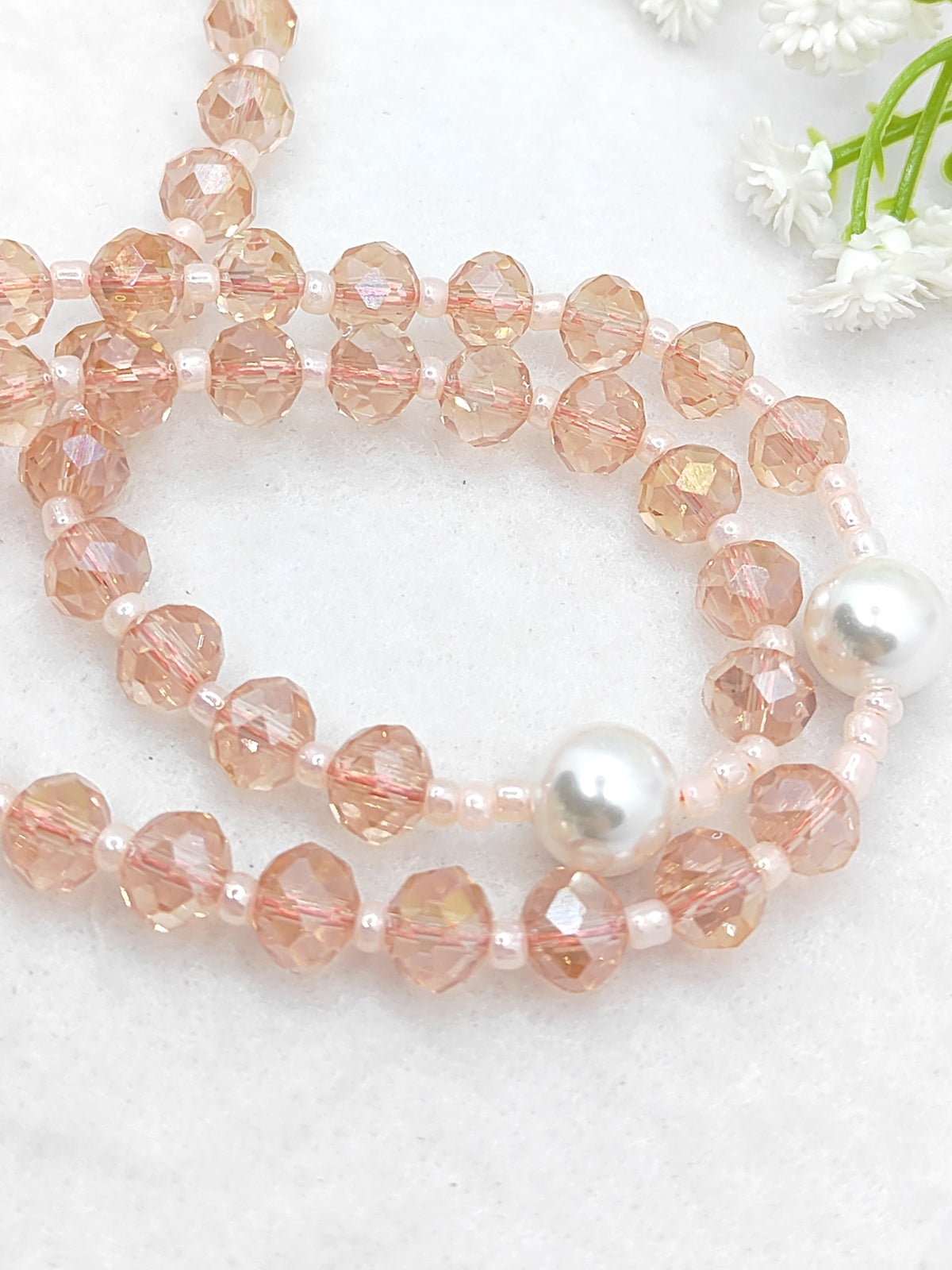 Our Lady of Guadalupe Pink Crystal with White Pearl Rosary