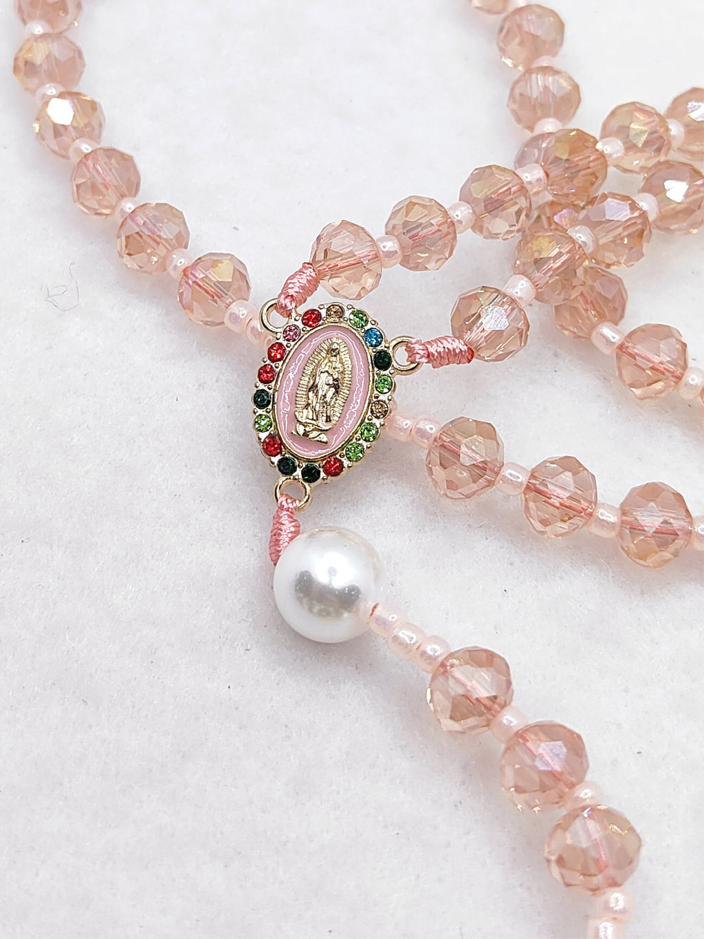Our Lady of Guadalupe Pink Crystal with White Pearl Rosary