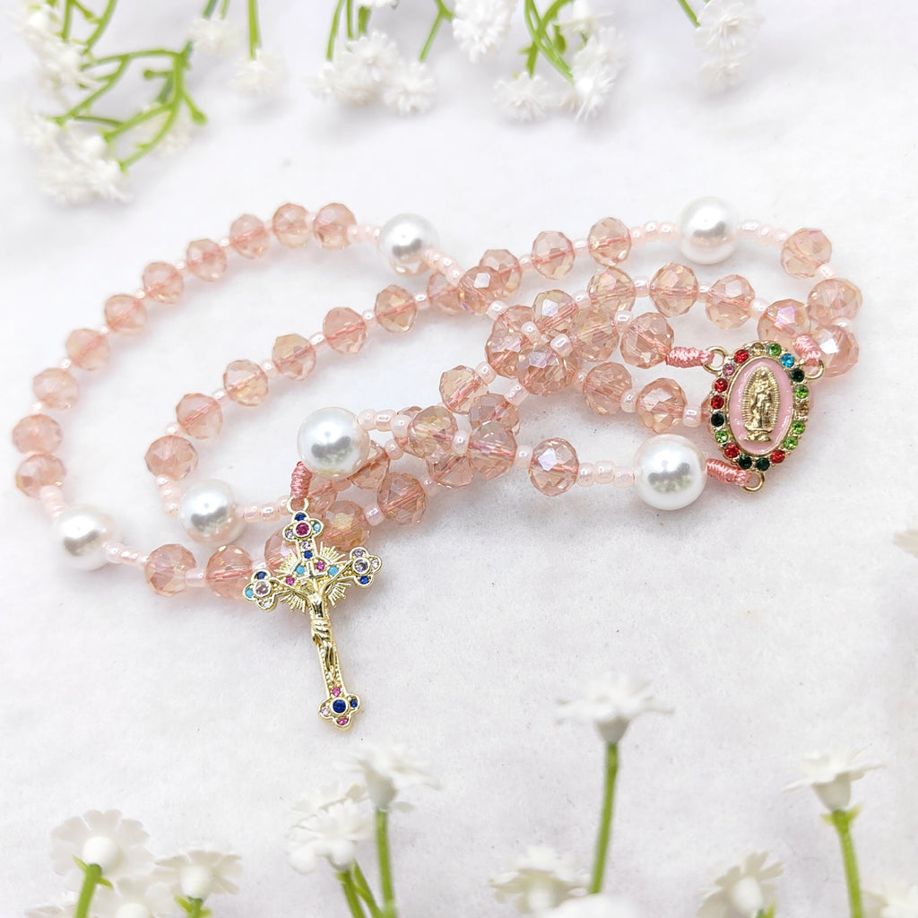 Our Lady of Guadalupe Pink Crystal with White Pearl Rosary