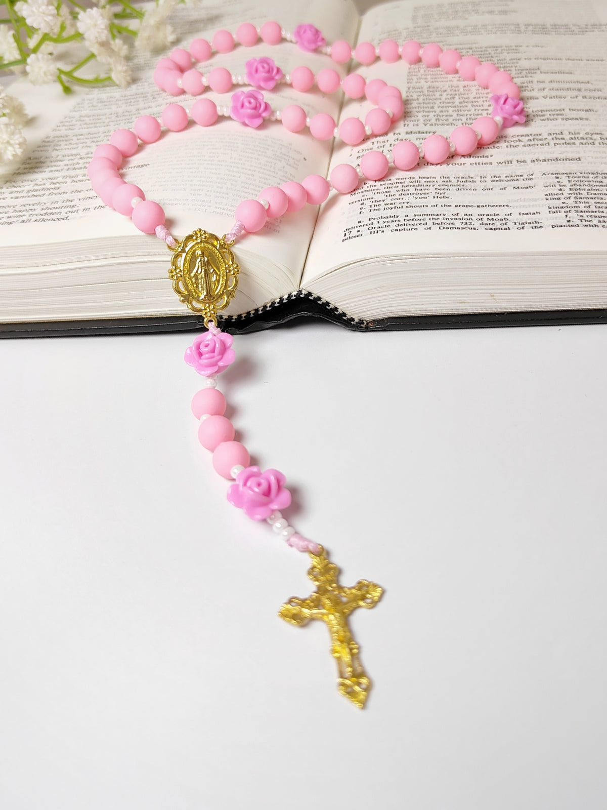 Miraculous Medal Lovely Pink Acrylic & Rose Rosary
