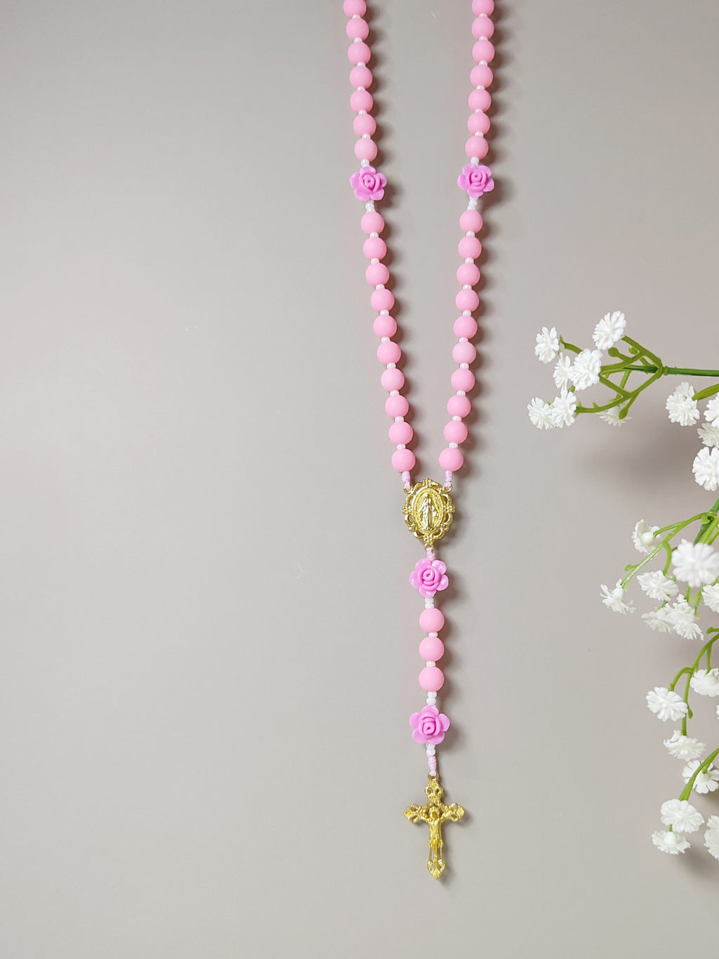 Miraculous Medal Lovely Pink Acrylic & Rose Rosary