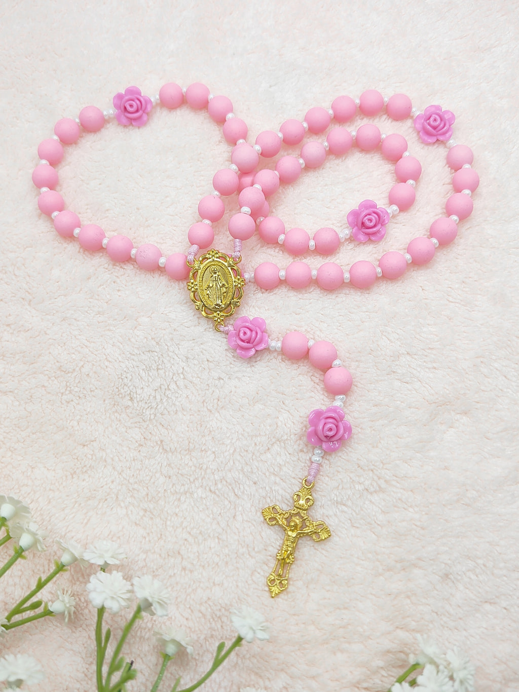 Miraculous Medal Lovely Pink Acrylic & Rose Rosary