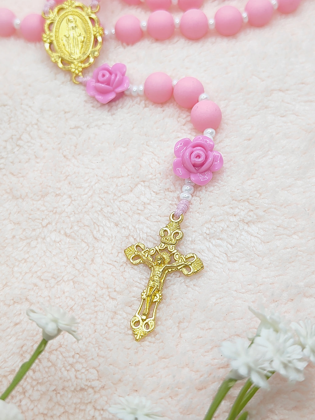 Miraculous Medal Lovely Pink Acrylic & Rose Rosary