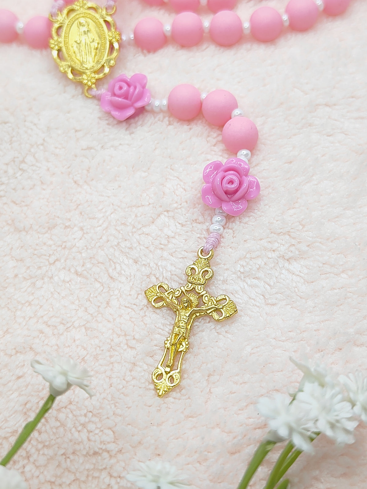 Miraculous Medal Lovely Pink Acrylic & Rose Rosary