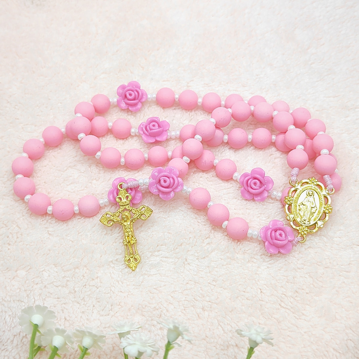 Miraculous Medal Lovely Pink Acrylic & Rose Rosary