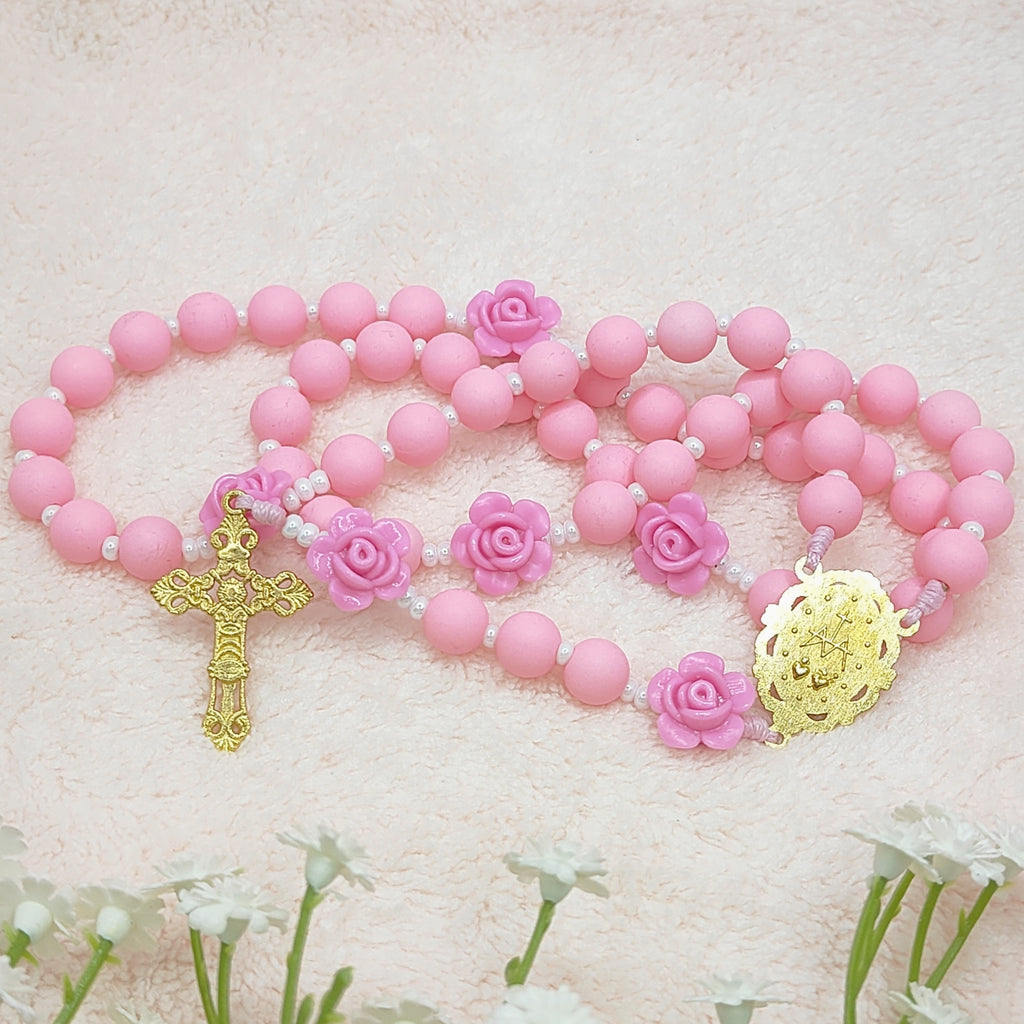 Miraculous Medal Lovely Pink Acrylic & Rose Rosary