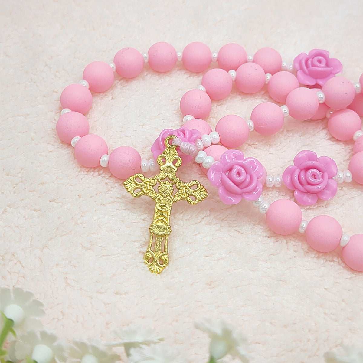 Miraculous Medal Lovely Pink Acrylic & Rose Rosary