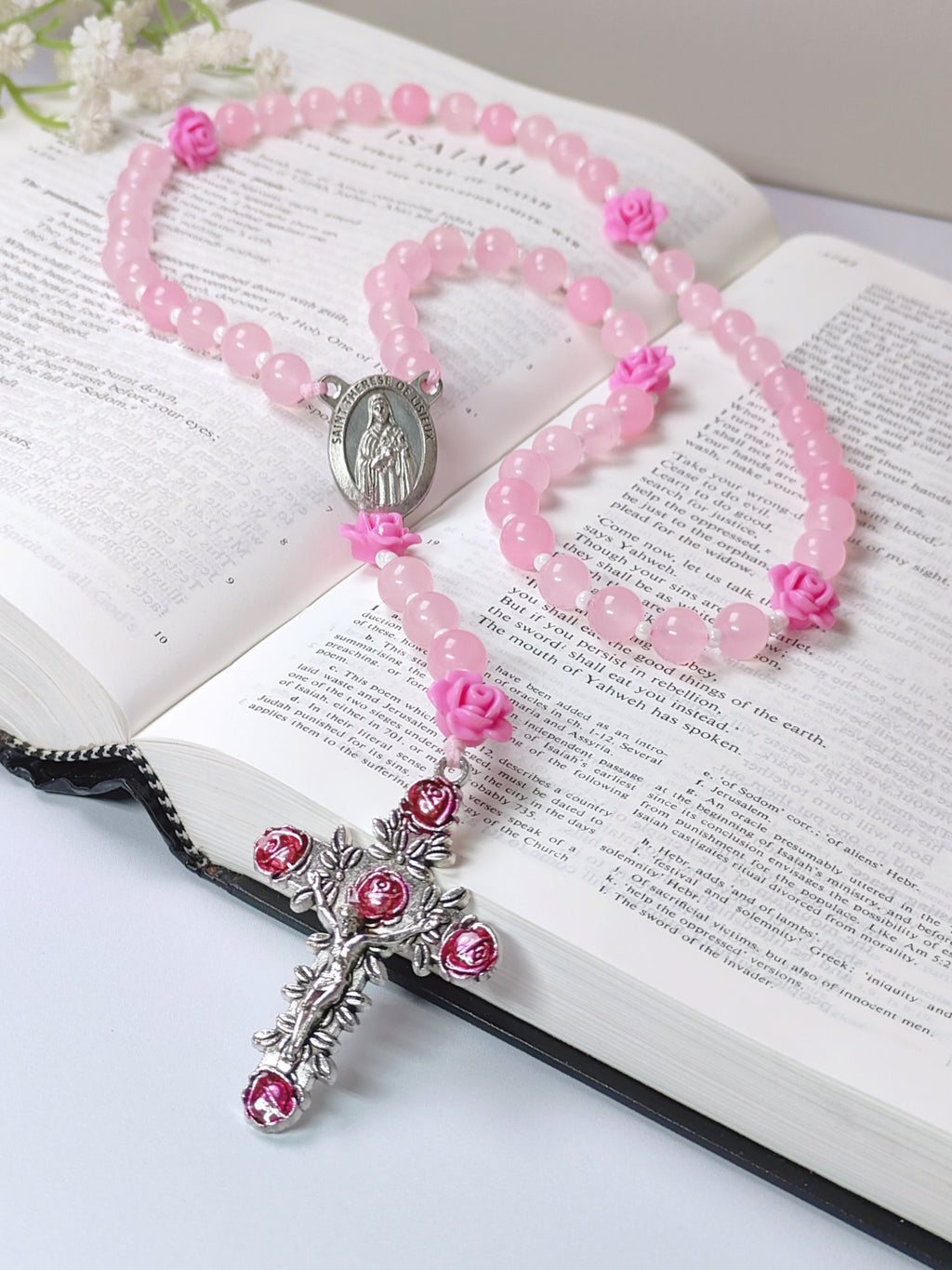 St. Therese of Lisieux Little Flower Pink Agate Rosary