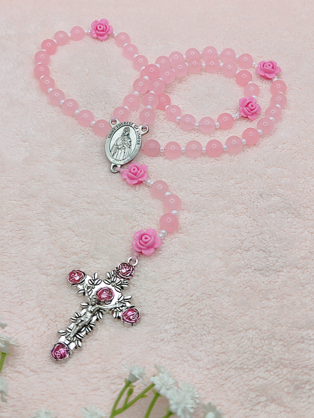 St. Therese of Lisieux Little Flower Pink Agate Rosary