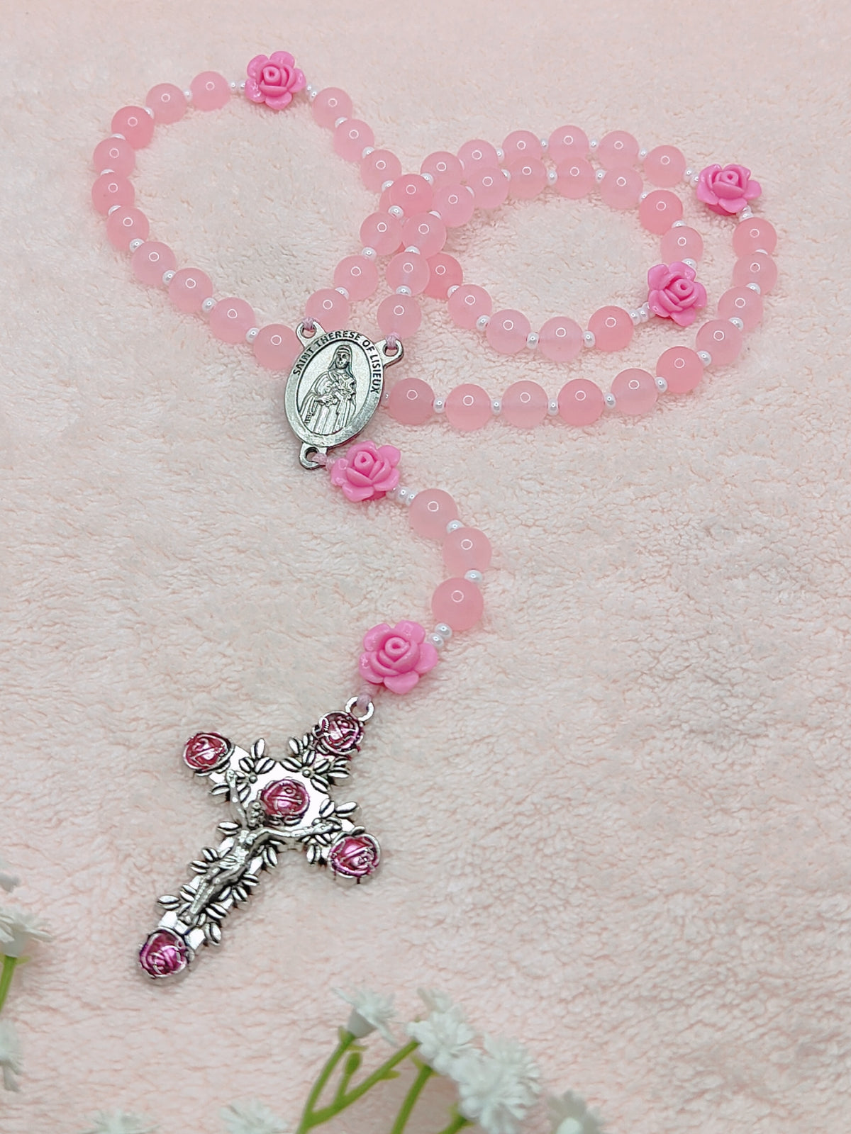 St. Therese of Lisieux Little Flower Pink Agate Rosary