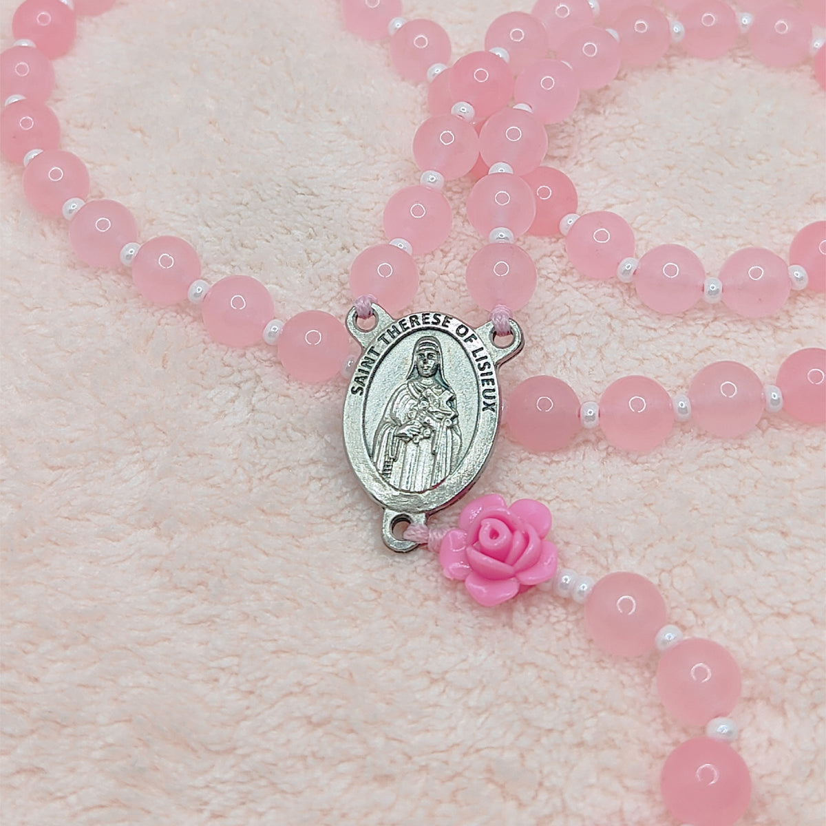 St. Therese of Lisieux Little Flower Pink Agate Rosary