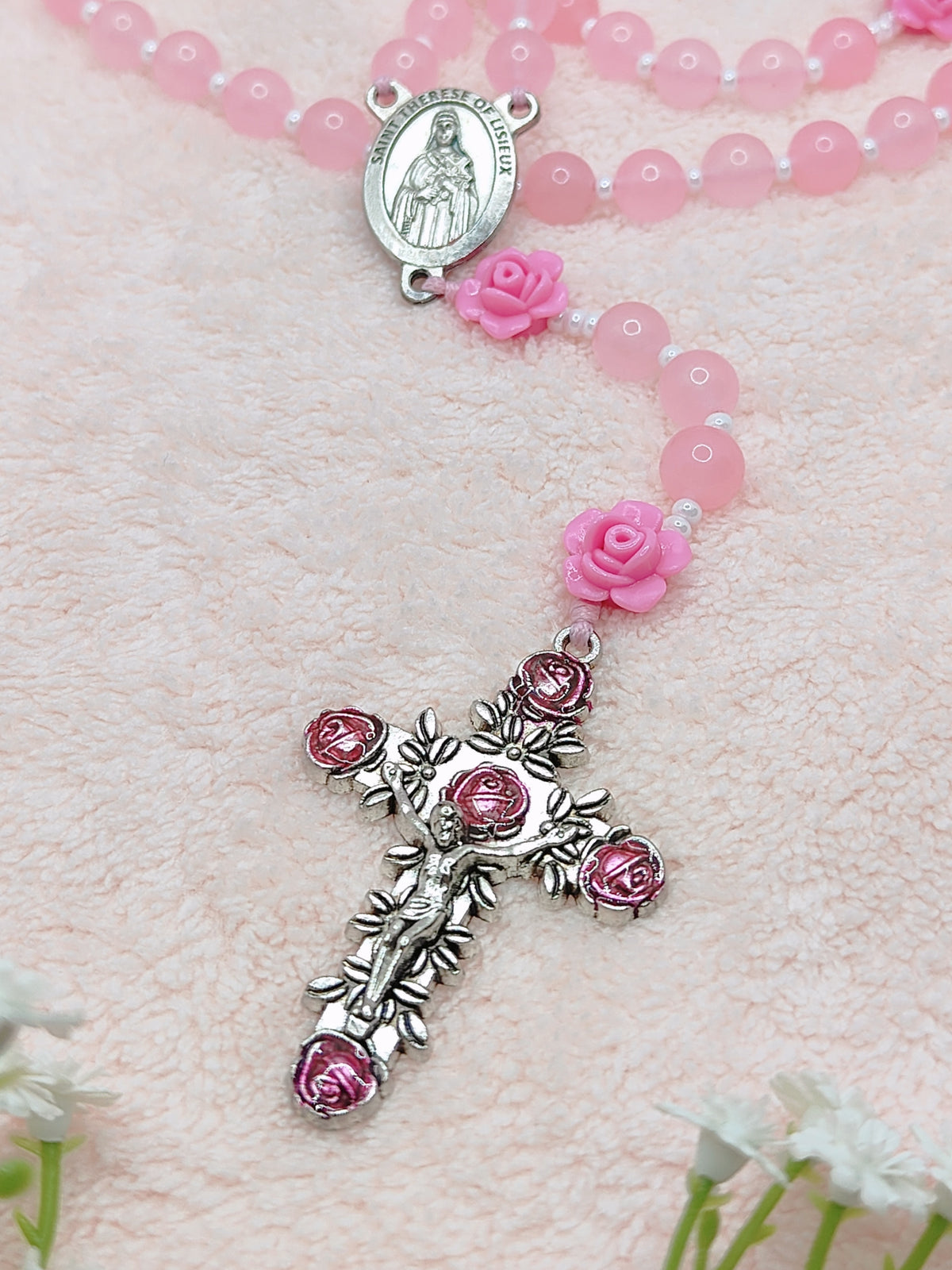 St. Therese of Lisieux Little Flower Pink Agate Rosary