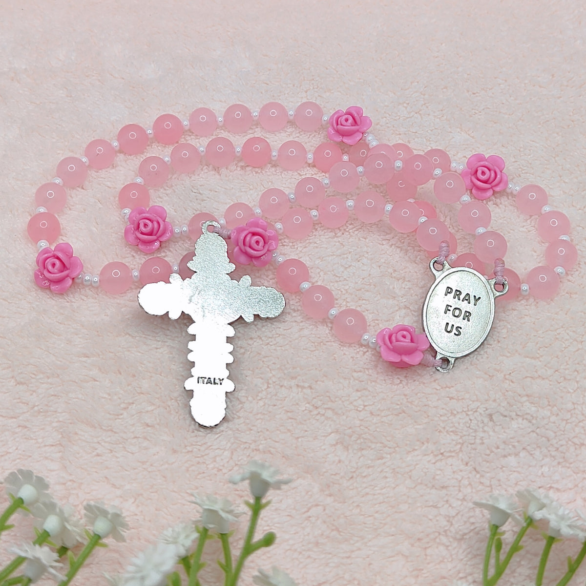 St. Therese of Lisieux Little Flower Pink Agate Rosary
