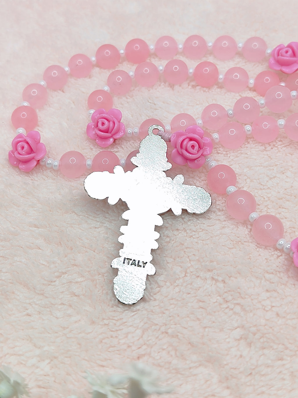 St. Therese of Lisieux Little Flower Pink Agate Rosary