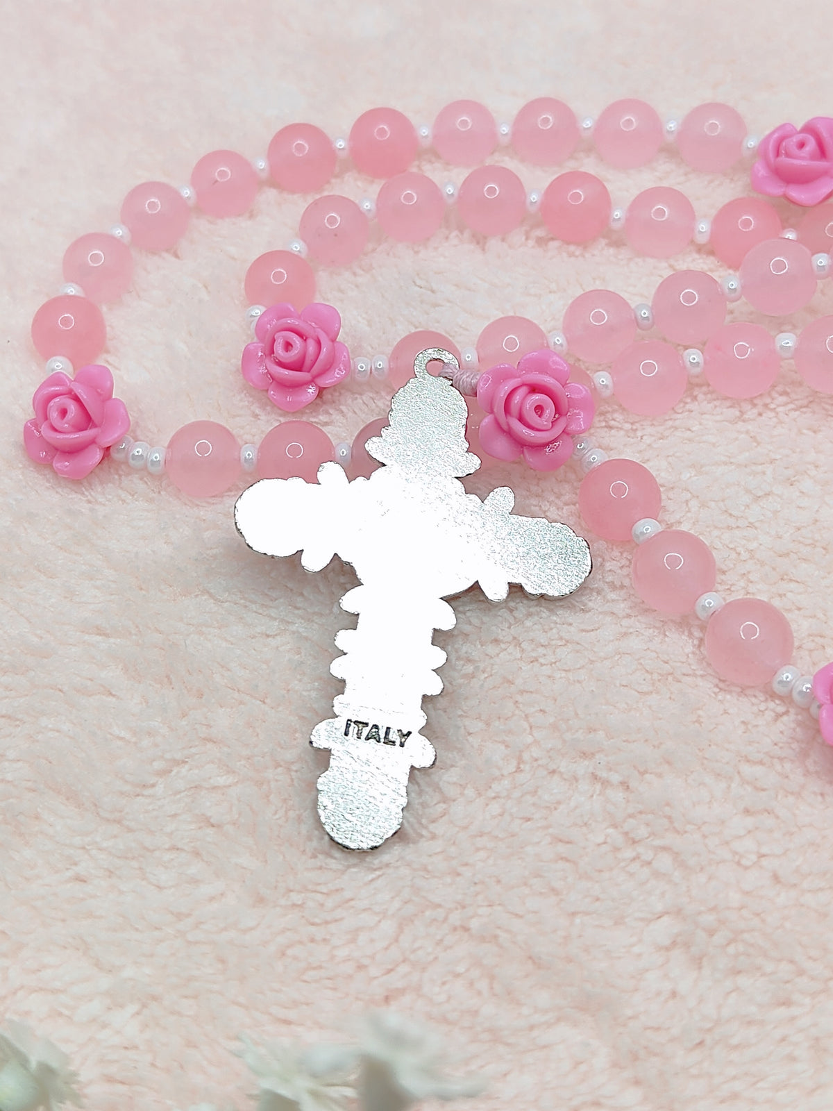 St. Therese of Lisieux Little Flower Pink Agate Rosary