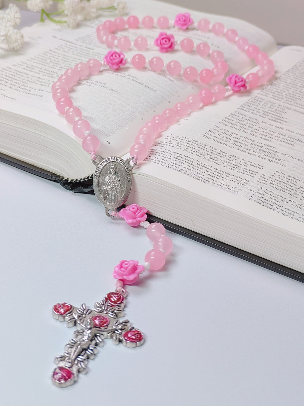 St. Therese of Lisieux Little Flower Pink Agate Rosary
