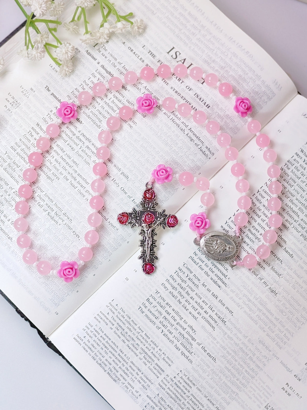 St. Therese of Lisieux Little Flower Pink Agate Rosary