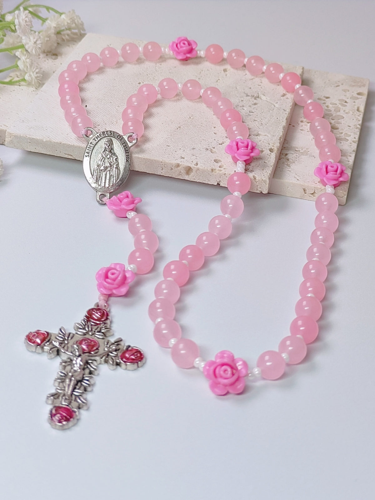St. Therese of Lisieux Little Flower Pink Agate Rosary