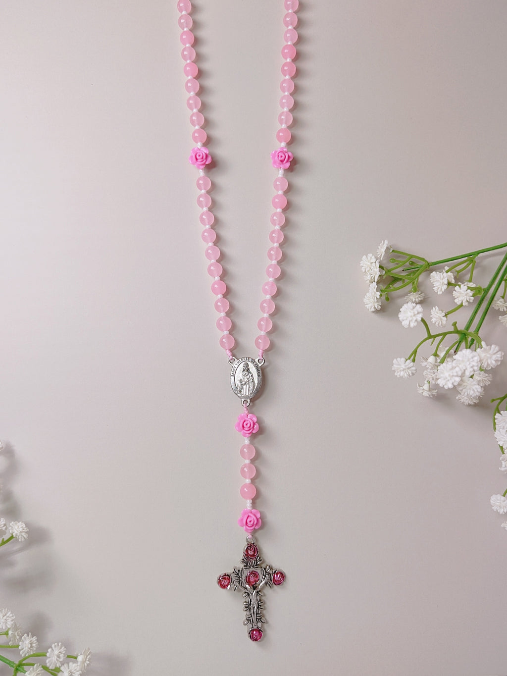 St. Therese of Lisieux Little Flower Pink Agate Rosary