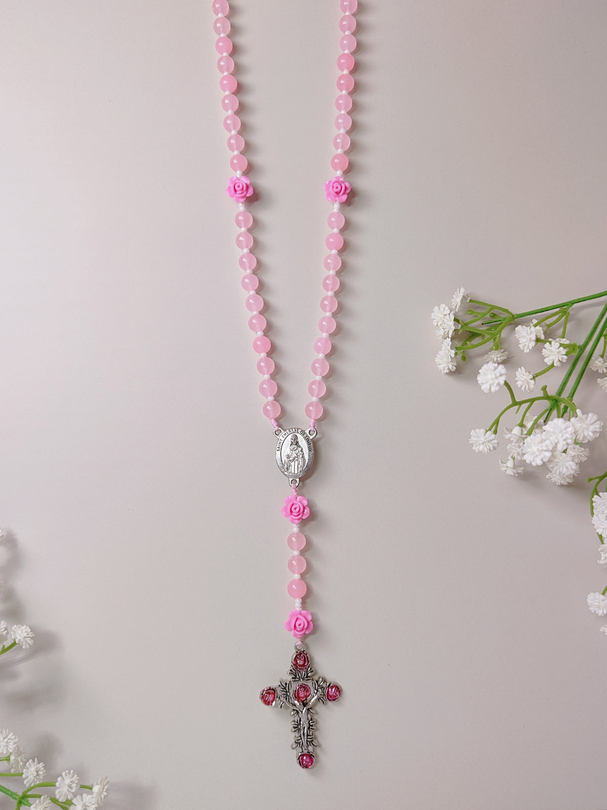 St. Therese of Lisieux Little Flower Pink Agate Rosary