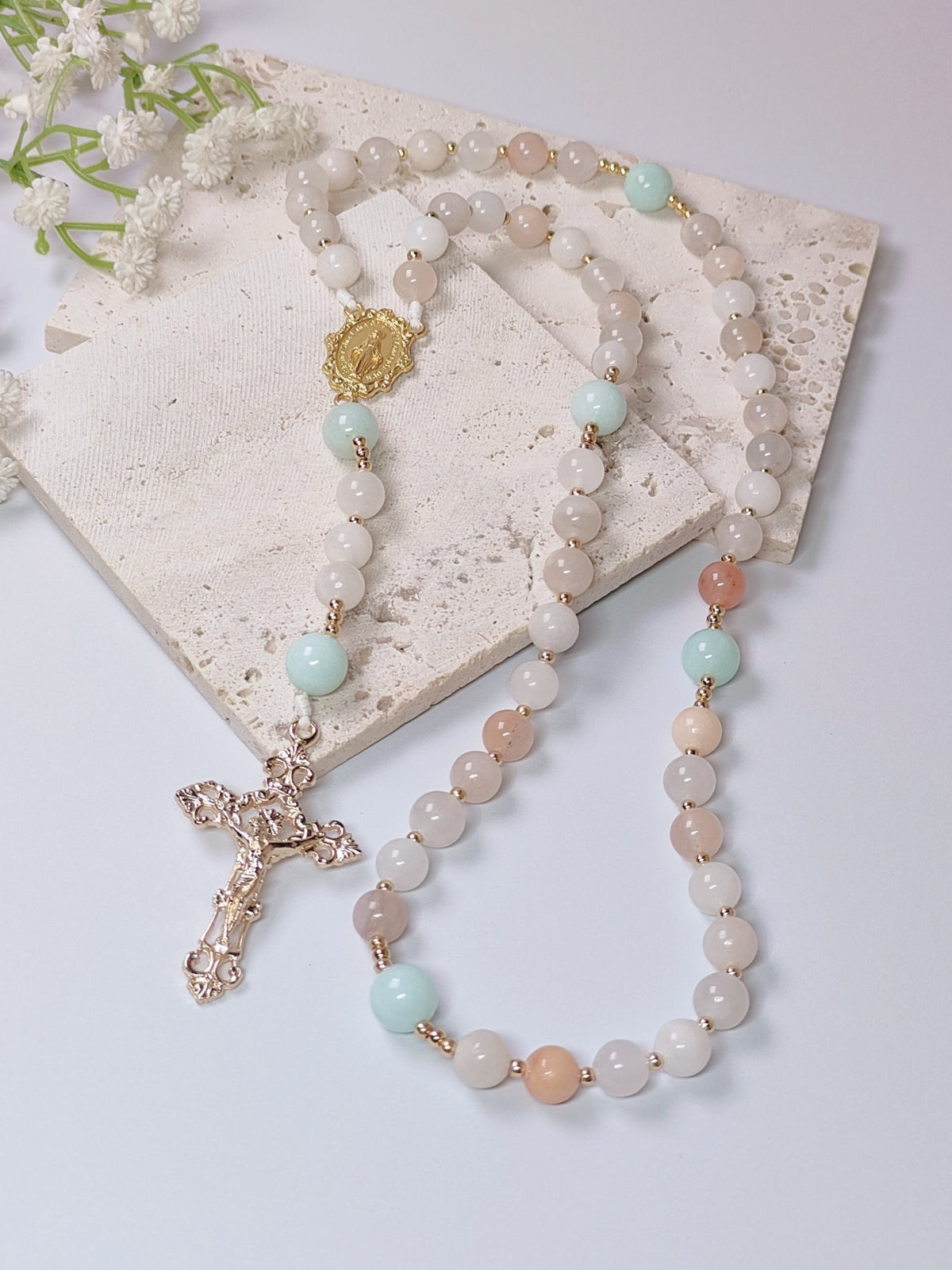 Gold Plated Miraculous Medal Pink Aventurine with Amazonite Rosary