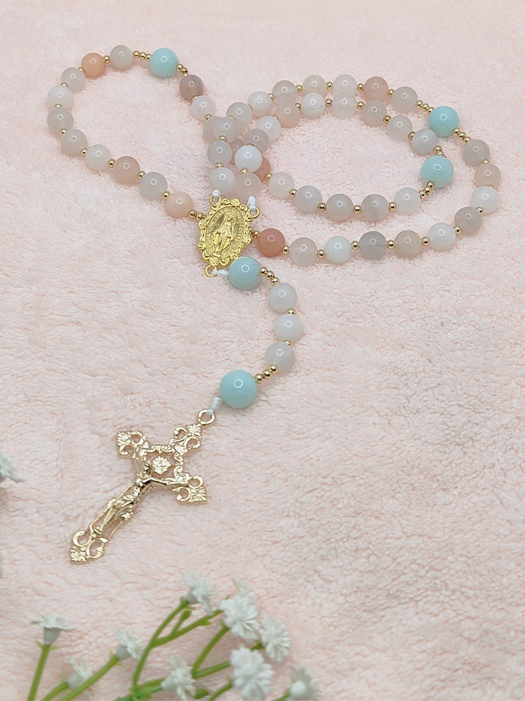Gold Plated Miraculous Medal Pink Aventurine with Amazonite Rosary