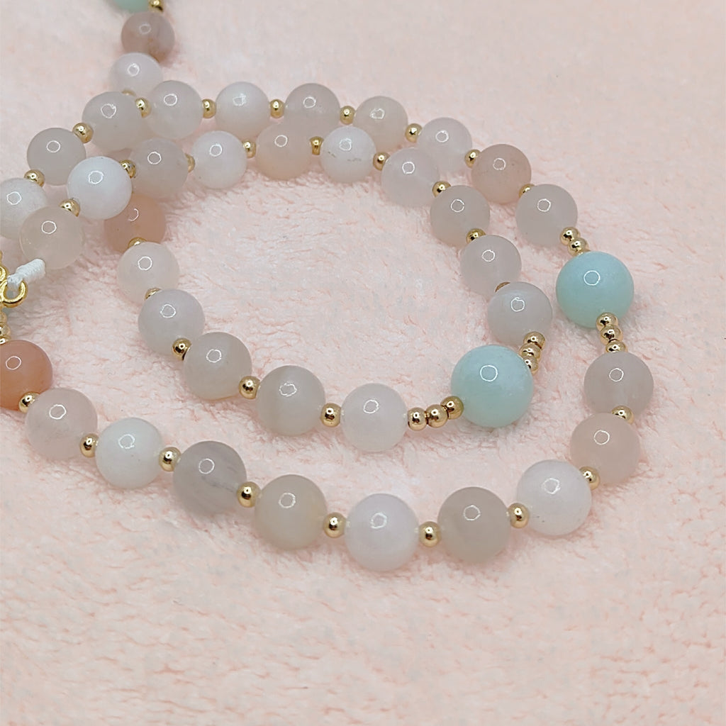 Gold Plated Miraculous Medal Pink Aventurine with Amazonite Rosary