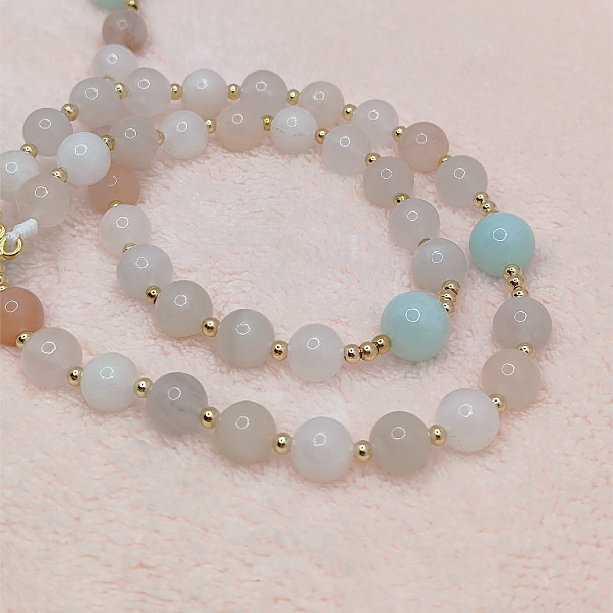 Gold Plated Miraculous Medal Pink Aventurine with Amazonite Rosary
