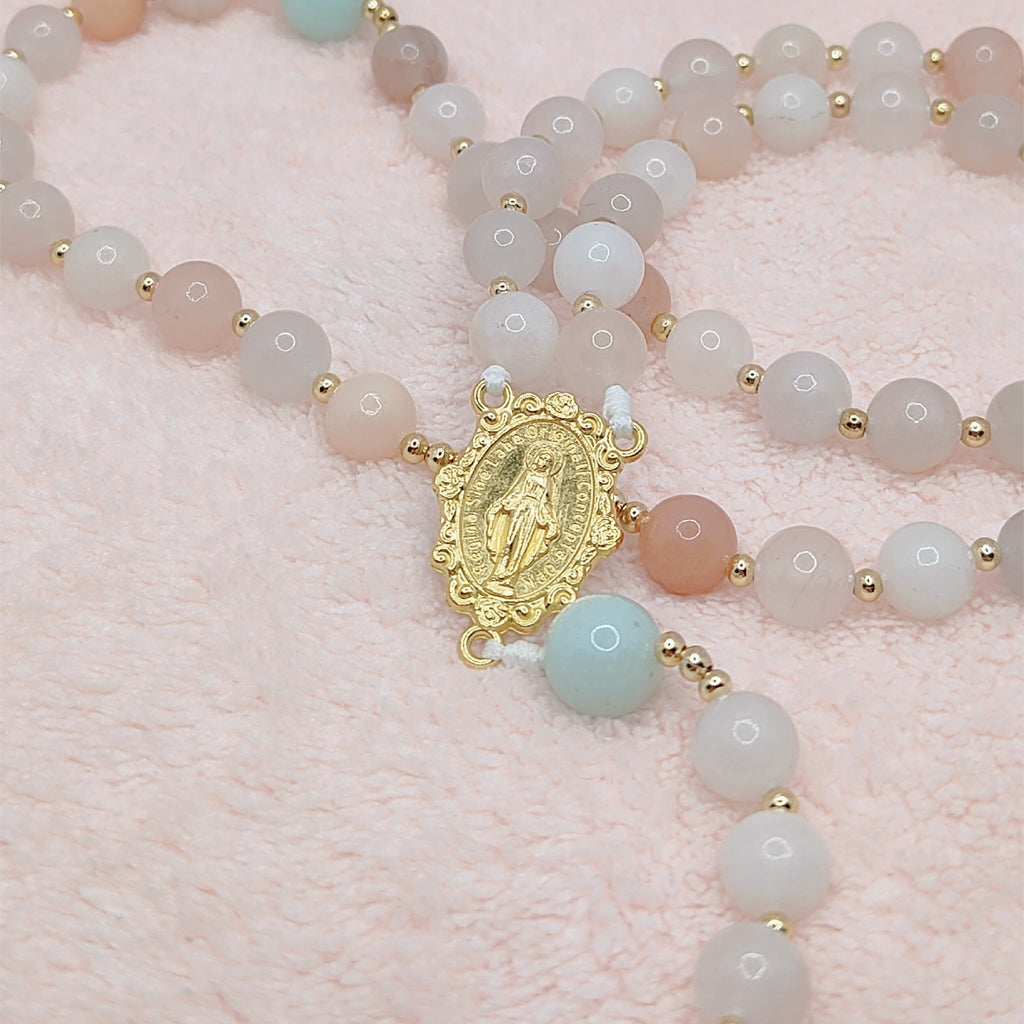 Gold Plated Miraculous Medal Pink Aventurine with Amazonite Rosary