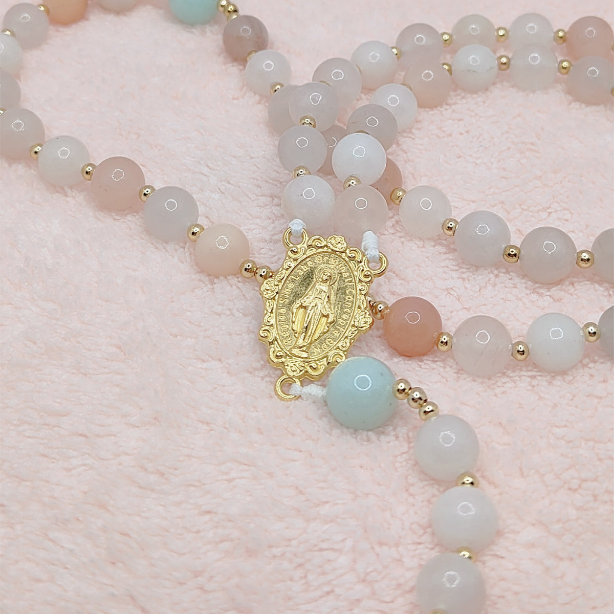 Gold Plated Miraculous Medal Pink Aventurine with Amazonite Rosary