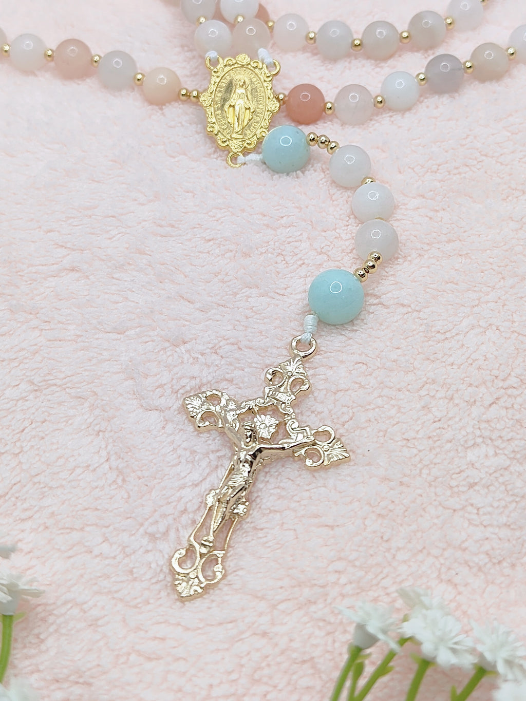 Gold Plated Miraculous Medal Pink Aventurine with Amazonite Rosary