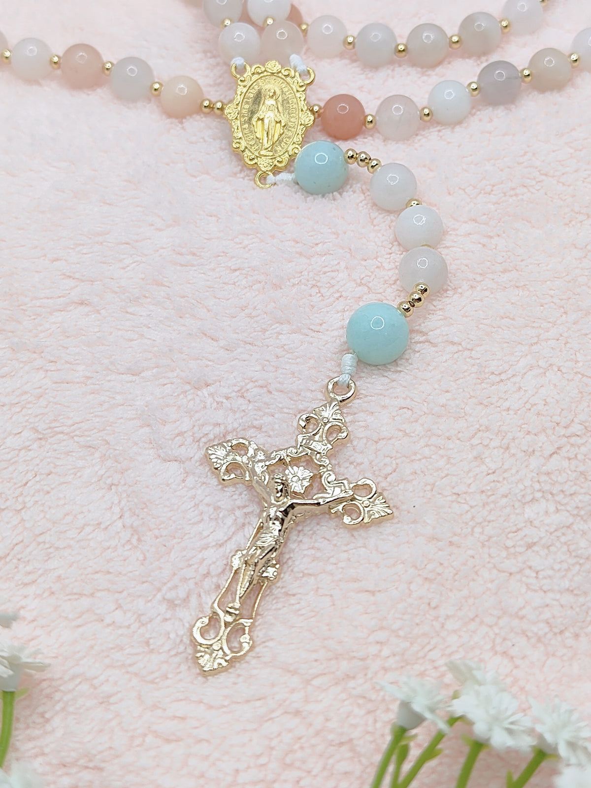 Gold Plated Miraculous Medal Pink Aventurine with Amazonite Rosary