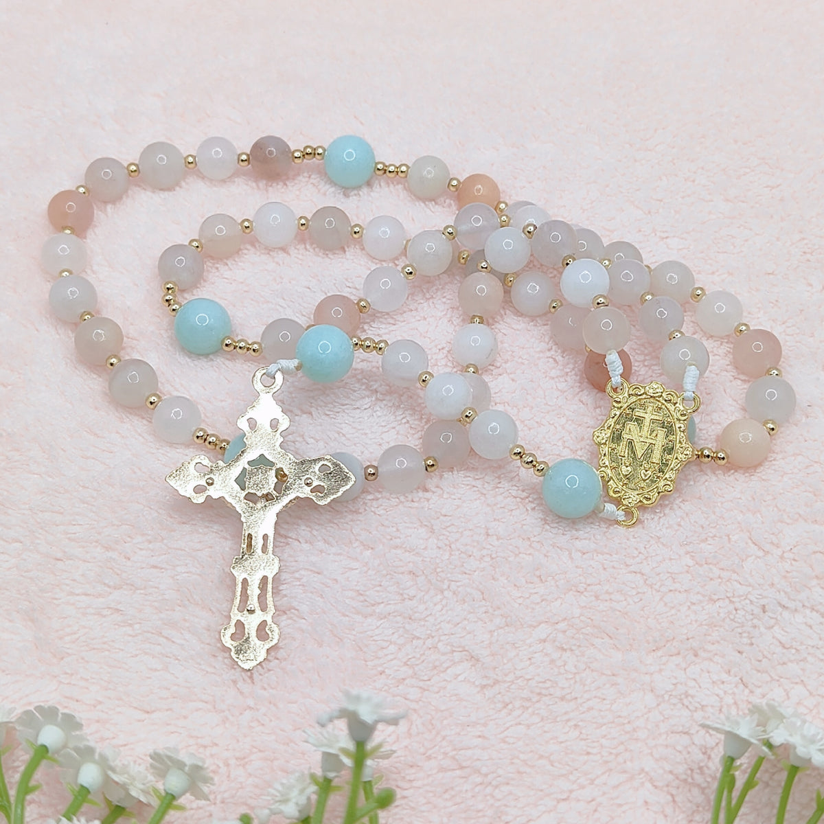 Gold Plated Miraculous Medal Pink Aventurine with Amazonite Rosary