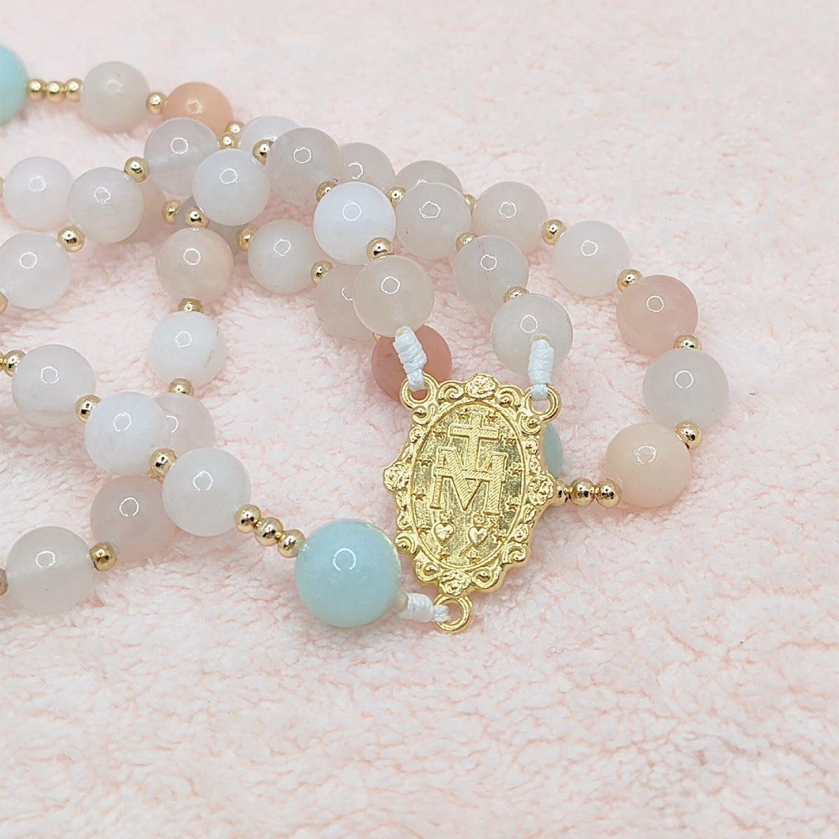 Gold Plated Miraculous Medal Pink Aventurine with Amazonite Rosary