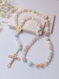 Gold Plated Miraculous Medal Pink Aventurine with Amazonite Rosary