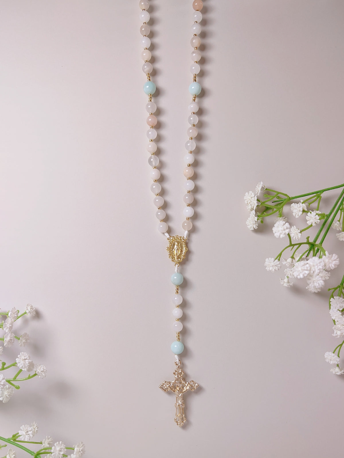 Gold Plated Miraculous Medal Pink Aventurine with Amazonite Rosary