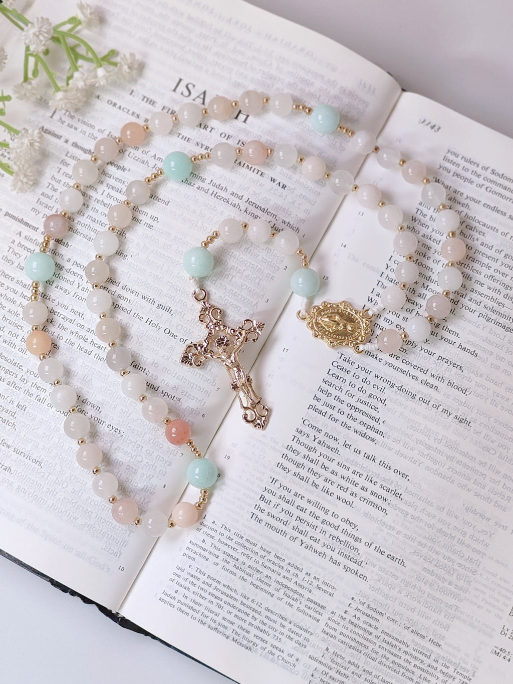 Gold Plated Miraculous Medal Pink Aventurine with Amazonite Rosary