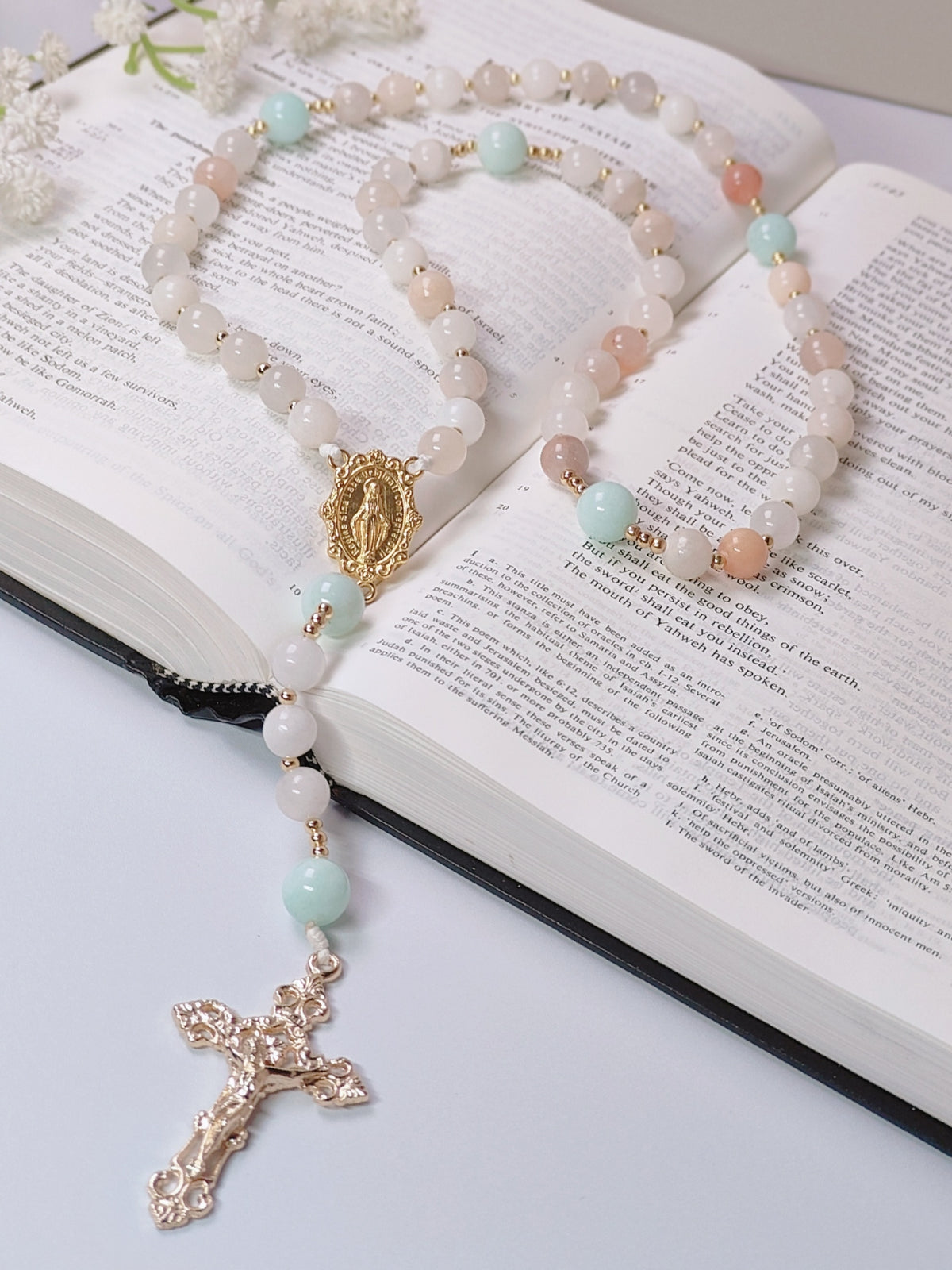 Gold Plated Miraculous Medal Pink Aventurine with Amazonite Rosary