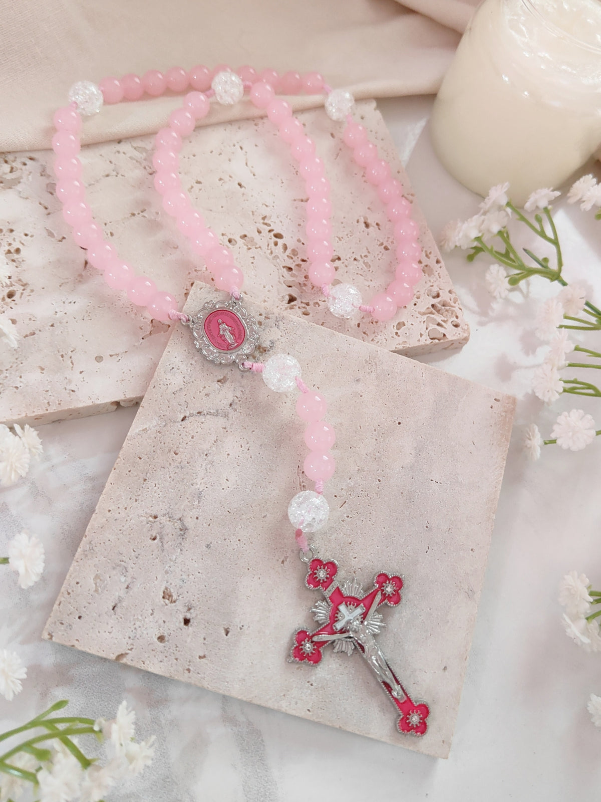 Our Lady of Grace Pink Chalcedony Rosary