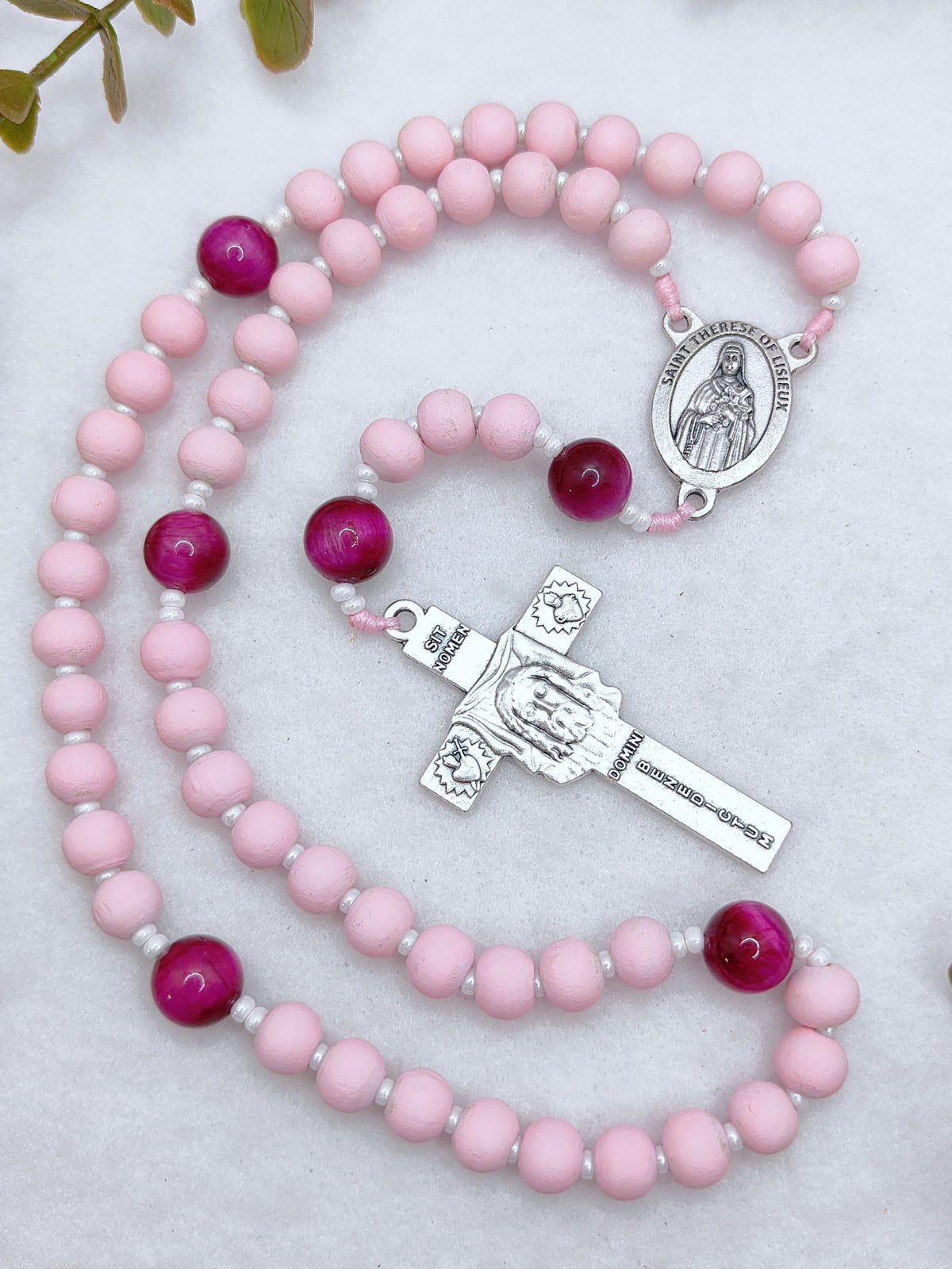 St Therese of Lisieux Pink Wood & Tiger Eye Rosary