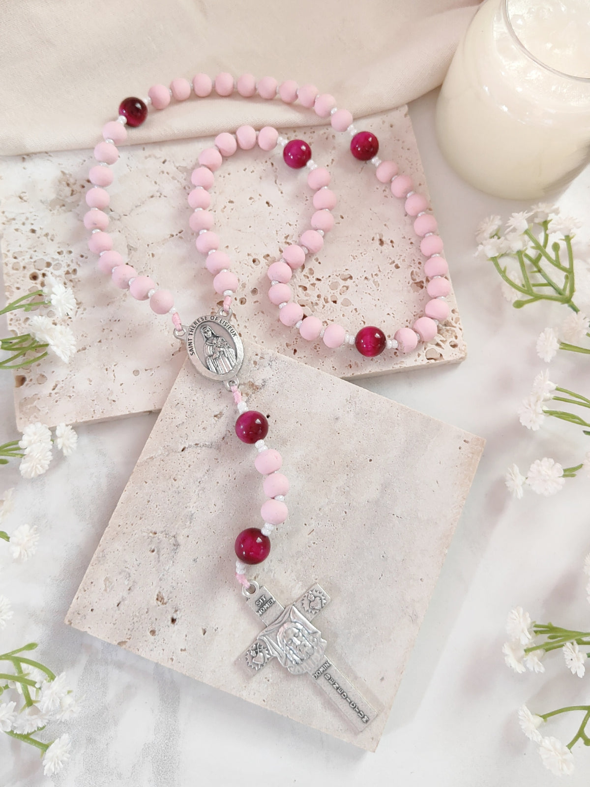 St Therese of Lisieux Pink Wood & Tiger Eye Rosary