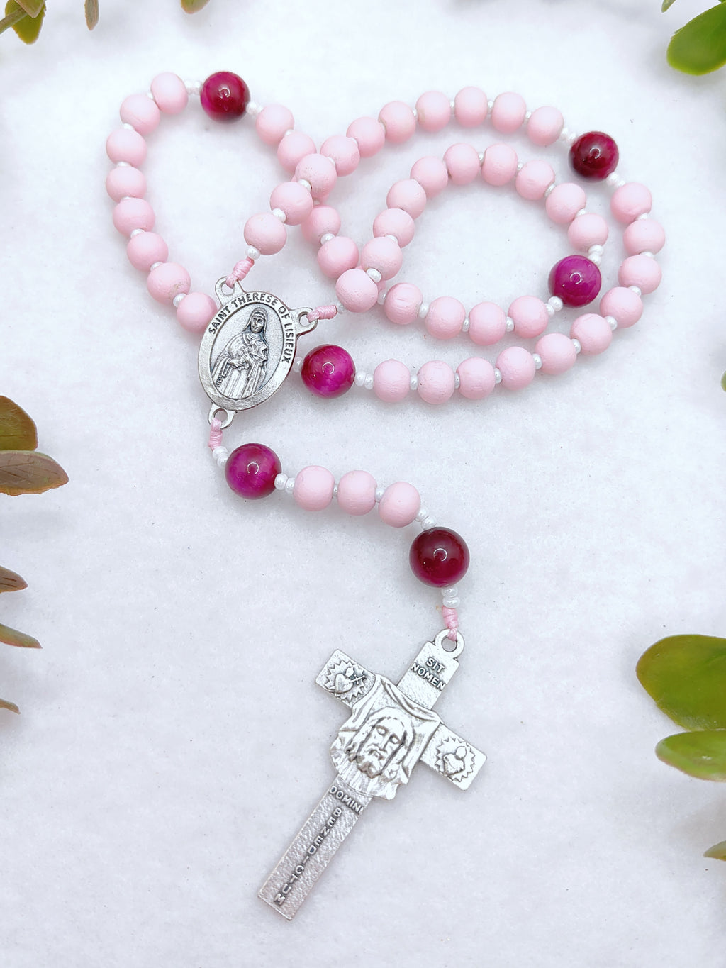 St Therese of Lisieux Pink Wood & Tiger Eye Rosary