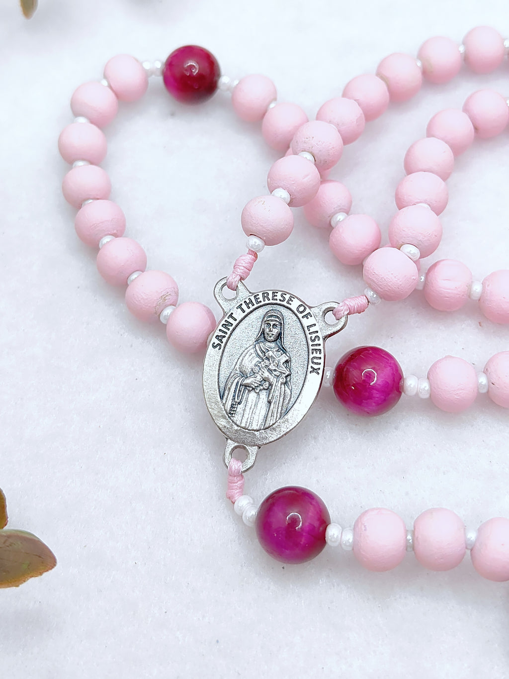 St Therese of Lisieux Pink Wood & Tiger Eye Rosary